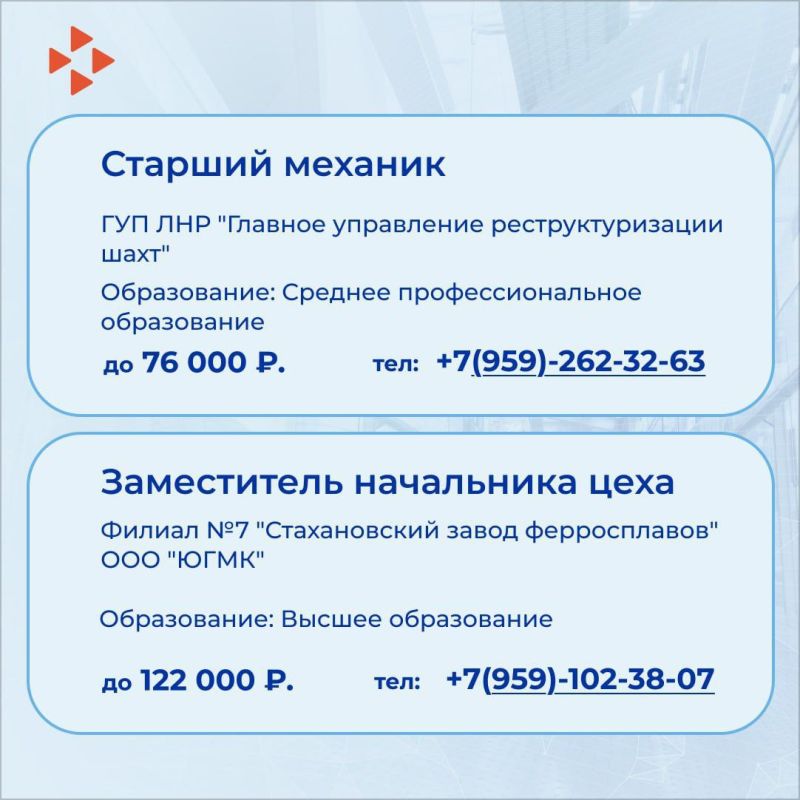 ТОП-вакансий, поступивших за неделю от работодателей ЛНР ТОП-вакансий, поступивших за неделю от работодателей ЛНР
