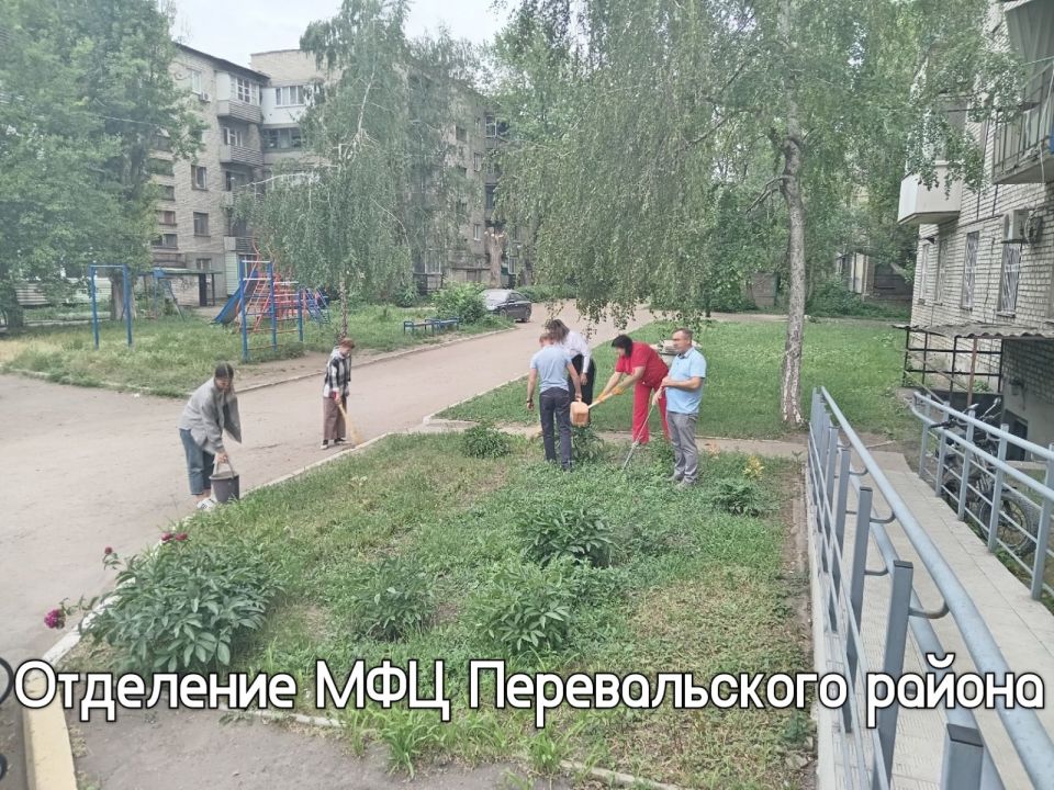 Сотрудники МФЦ ЛНР поддерживают порядок на прилегающей к офисам территории Сотрудники МФЦ ЛНР поддерживают порядок на прилегающей к офисам территории