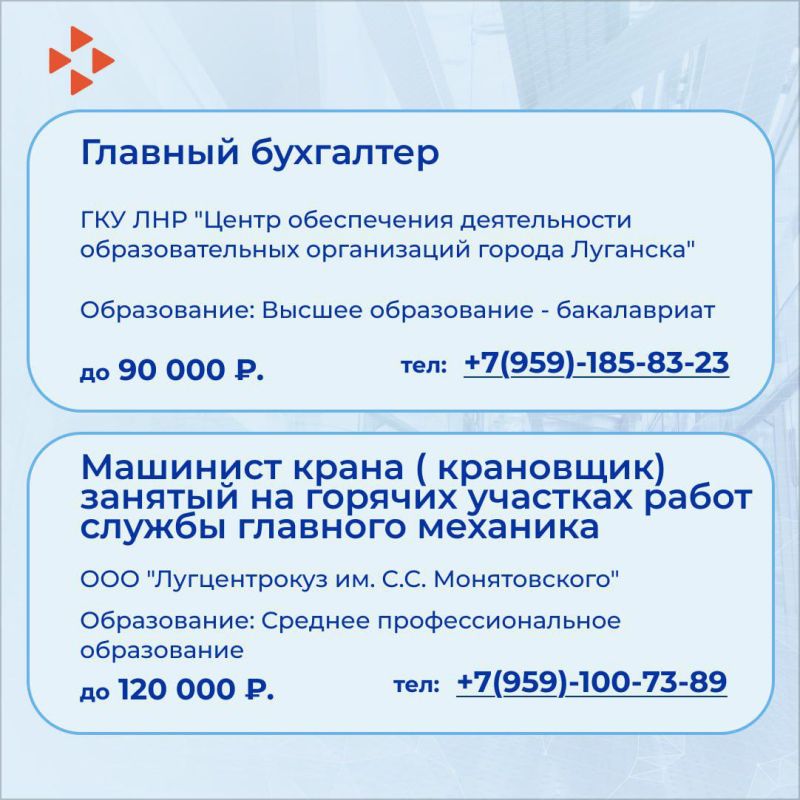 Актуальные вакансии от Министерства труда ЛНР: Актуальные вакансии от Министерства труда ЛНР: