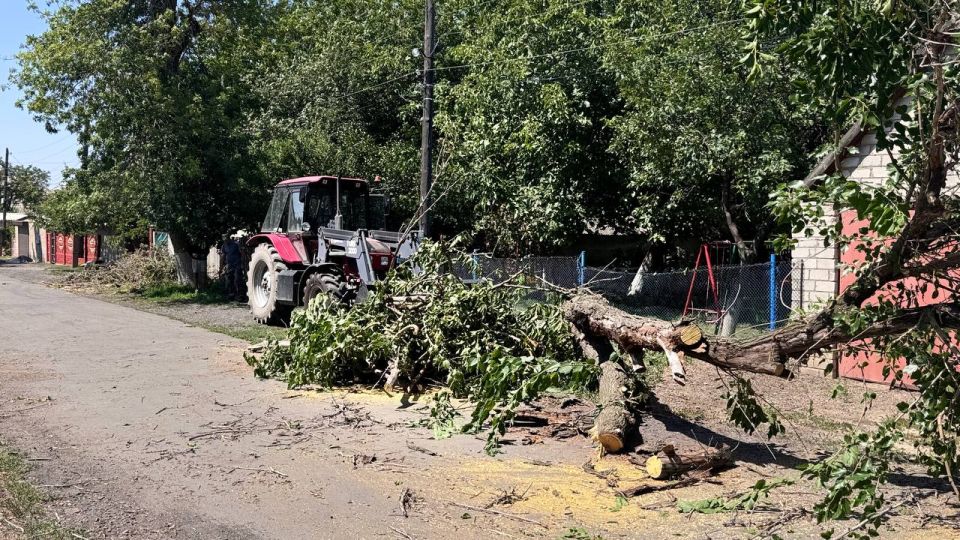 В пгт Дзержинский города Ровеньки, на улице Лизы Чайкиной, специалисты МУП «СКАТ» города Ровеньки выполняют работы по удалению аварийного дерева В пгт Дзержинский города Ровеньки, на улице Лизы Чайкиной, специалисты МУП «СКАТ» города Ровеньки выполняют работы по удалению аварийного дерева