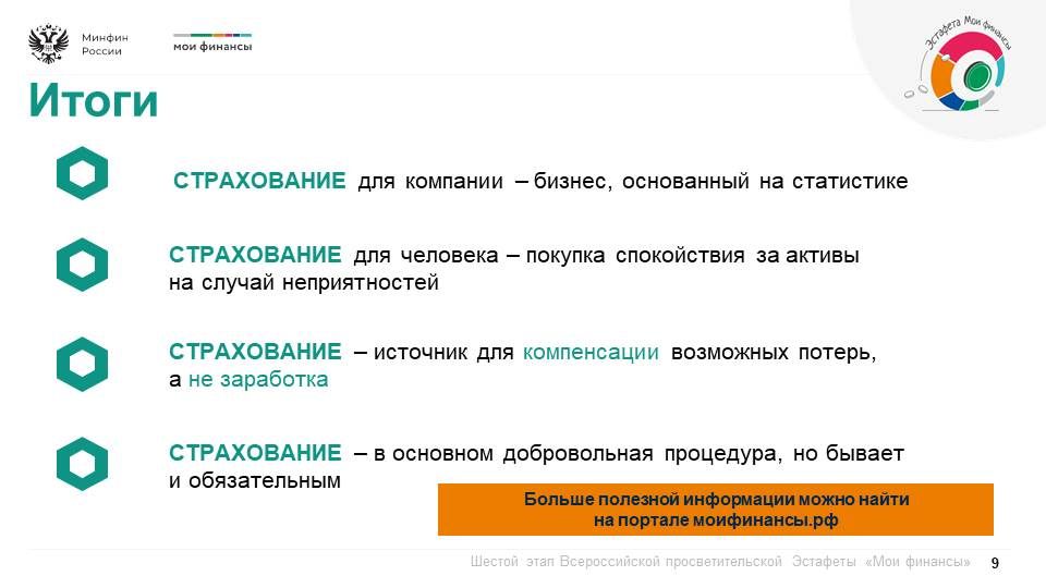 Продолжается шестой этап Всероссийской просветительской эстафеты «Мои финансы», который посвящен теме: «Думай о будущем: страхование и накопления» Продолжается шестой этап Всероссийской просветительской эстафеты «Мои финансы», который посвящен теме: «Думай о будущем: страхование и накопления»