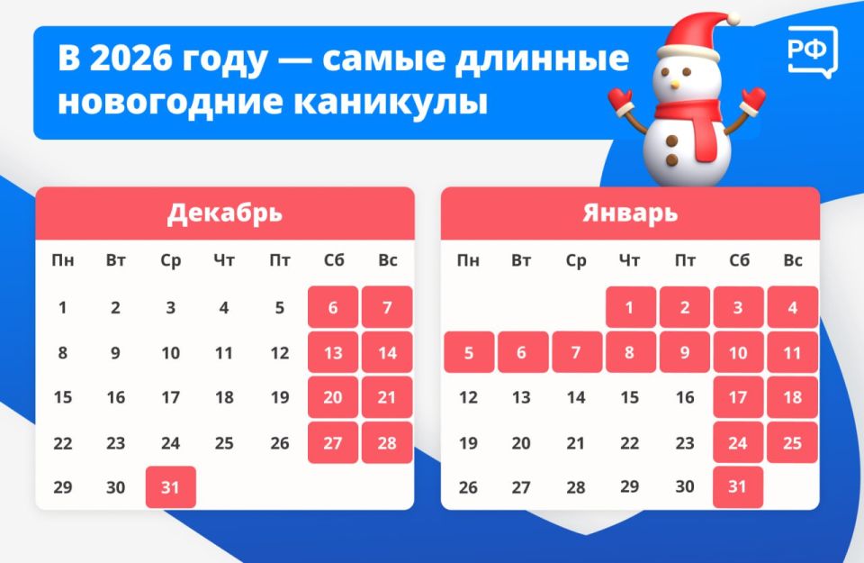 В этот раз новогодние выходные продлятся 12 дней: с 31 декабря 2025-го по 11 января 2026 год