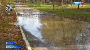 Территория луганской школы №37 около двух недель затоплена нечистотами, мешающими ученикам добираться до школы