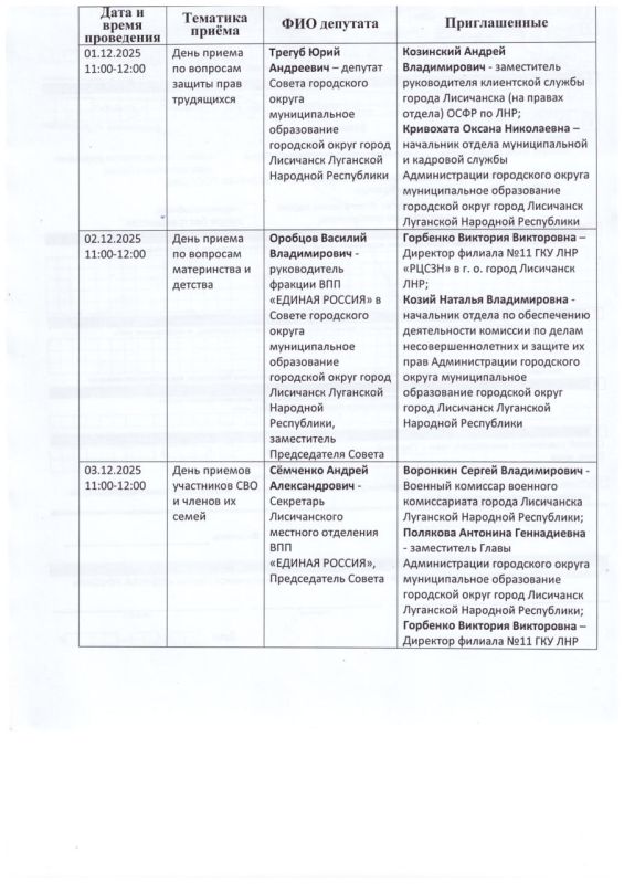 В связи с 24-летием со Дня создания Всероссийской политической партии «ЕДИНАЯ РОССИЯ» Лисичанское местное отделение партии «ЕДИНАЯ РОССИЯ» проведет Декаду приёма граждан согласно графику