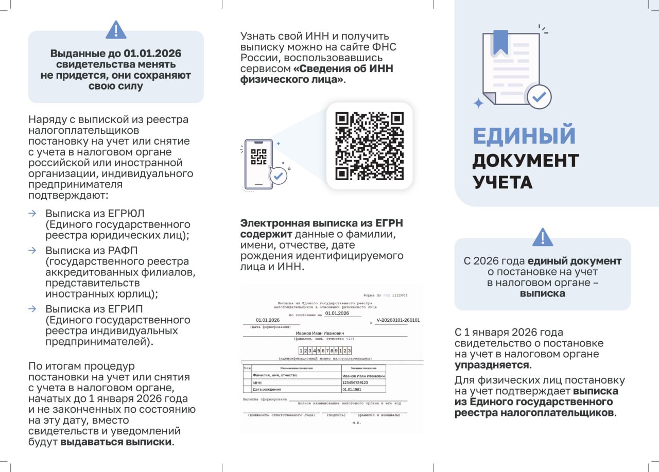С 2026 года единым документом о постановке на учет в налоговом органе станет выписка