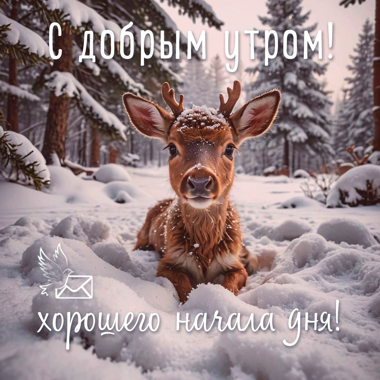Доброе утро! Пусть пушистые сугробы и весёлый взгляд оленёнка поднимут тебе настроение с первых минут и день принесёт только радость!