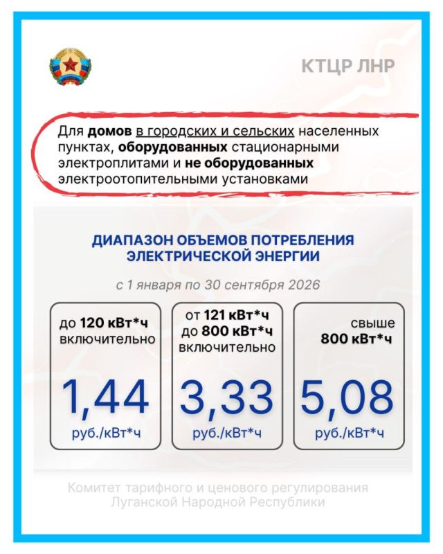 Андрей Рубанцов: Уважаемые ровенчане!. Довожу до вашего сведения актуальные тарифы на электроэнергию для населения ЛНР, установленные Комитетом тарифного и ценового регулирования Луганской Народной Республики Андрей Рубанцов: Уважаемые ровенчане!. Довожу до вашего сведения актуальные тарифы на электроэнергию для населения ЛНР, установленные Комитетом тарифного и ценового регулирования Луганской Народной Республики