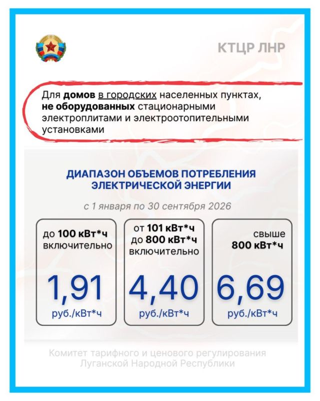 Андрей Рубанцов: Уважаемые ровенчане!. Довожу до вашего сведения актуальные тарифы на электроэнергию для населения ЛНР, установленные Комитетом тарифного и ценового регулирования Луганской Народной Республики Андрей Рубанцов: Уважаемые ровенчане!. Довожу до вашего сведения актуальные тарифы на электроэнергию для населения ЛНР, установленные Комитетом тарифного и ценового регулирования Луганской Народной Республики