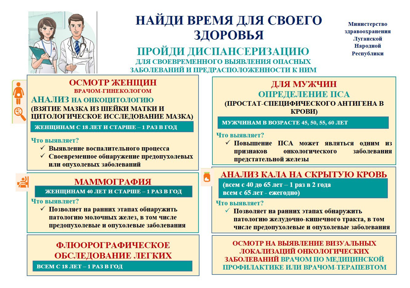 Министерство здравоохранения Луганской Народной Республики проводит информационную кампанию по привлечению граждан к прохождению профилактических осмотров и диспансеризации Министерство здравоохранения Луганской Народной Республики проводит информационную кампанию по привлечению граждан к прохождению профилактических осмотров и диспансеризации