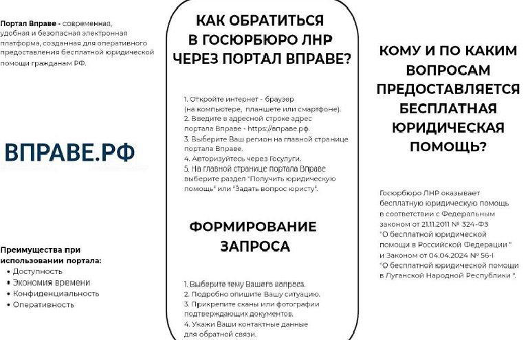 Государственное казенное учреждение Луганской Народной Республики «Государственное юридическое бюро Луганской Народной Республики» продолжает оказывать бесплатную юридическую помощь жителям республики через портал Вправе.рф Государственное казенное учреждение Луганской Народной Республики «Государственное юридическое бюро Луганской Народной Республики» продолжает оказывать бесплатную юридическую помощь жителям республики через портал Вправе.рф