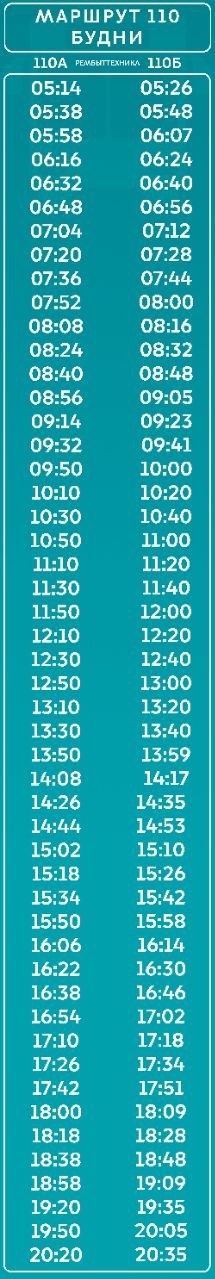 Уважаемые пассажиры!. В связи с добавлением одной единицы транспорта на маршрут 110А и одной единицы транспорта на маршрут 110Б предоставляем действующее обновленное расписание Просим обратить внимание на различия в...