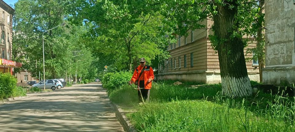 Сегодня в Молодогвардейске специалистами МУП «Дорожно-эксплуатационное управление» велись работы по покосу травы