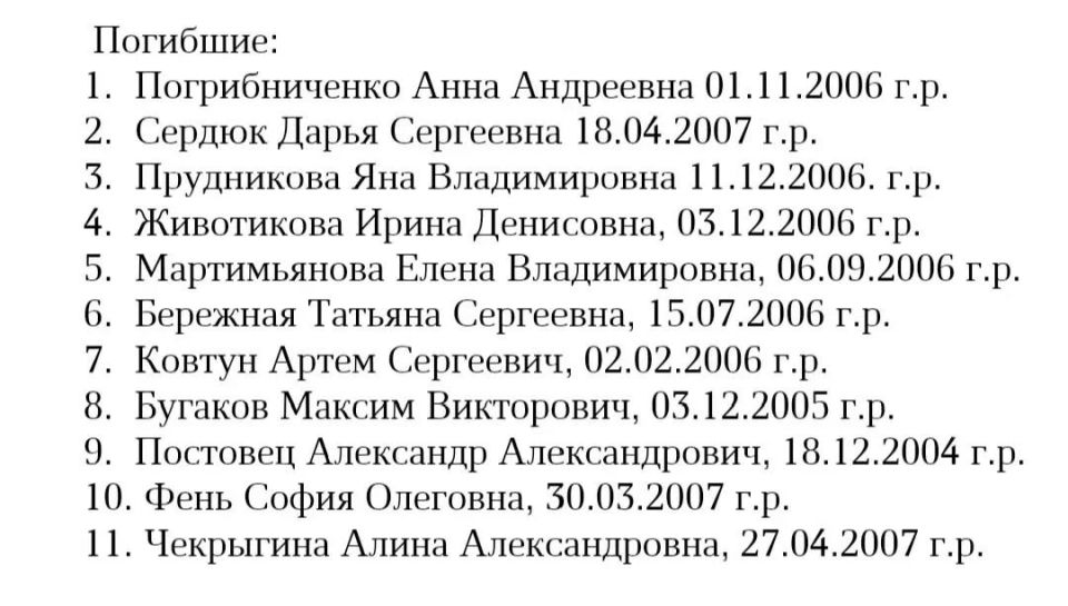 Опубликованы имена погибших и пострадавших после удара ВСУ по колледжу в Старобельске Опубликованы имена погибших и пострадавших после удара ВСУ по колледжу в Старобельске