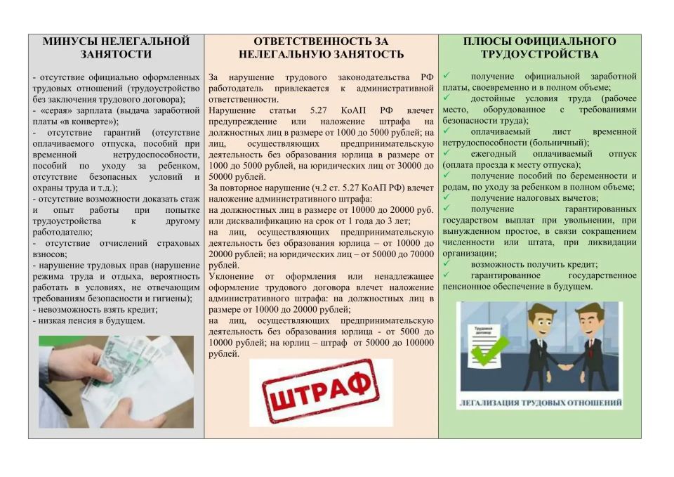 Памятки «Теневая занятость» для предпринимателей