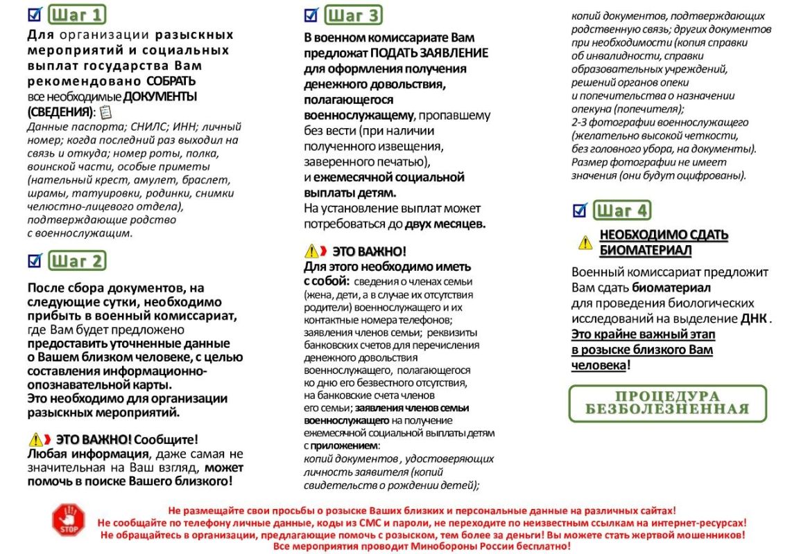 Важная информация. Министерство обороны Российской Федерации разработало пошаговый алгоритм для родственников пропавших без вести военнослужащих Важная информация. Министерство обороны Российской Федерации разработало пошаговый алгоритм для родственников пропавших без вести военнослужащих
