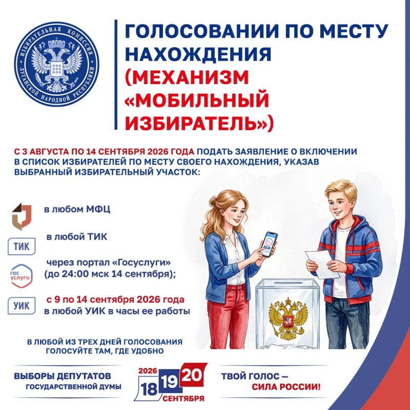 Избирком ЛНР информирует о голосовании по месту нахождения на выборах депутатов Государственной Думы (механизм «Мобильный избиратель»)