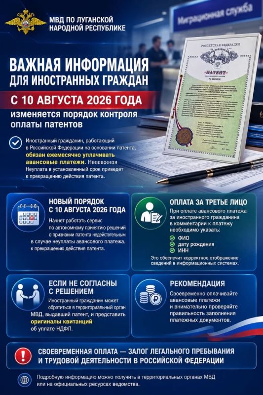 МВД по Луганской Народной Республике напоминает: с 10 августа изменится порядок оплаты патентов!