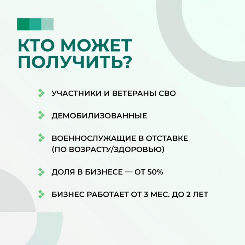 Участники и ветераны СВО, демобилизованные и военнослужащие в отставке (по возрасту или здоровью), могут получить льготный микрозайм "Для СВОих" на развитие бизнеса! Участники и ветераны СВО, демобилизованные и военнослужащие в отставке (по возрасту или здоровью), могут получить льготный микрозайм "Для СВОих" на развитие бизнеса!