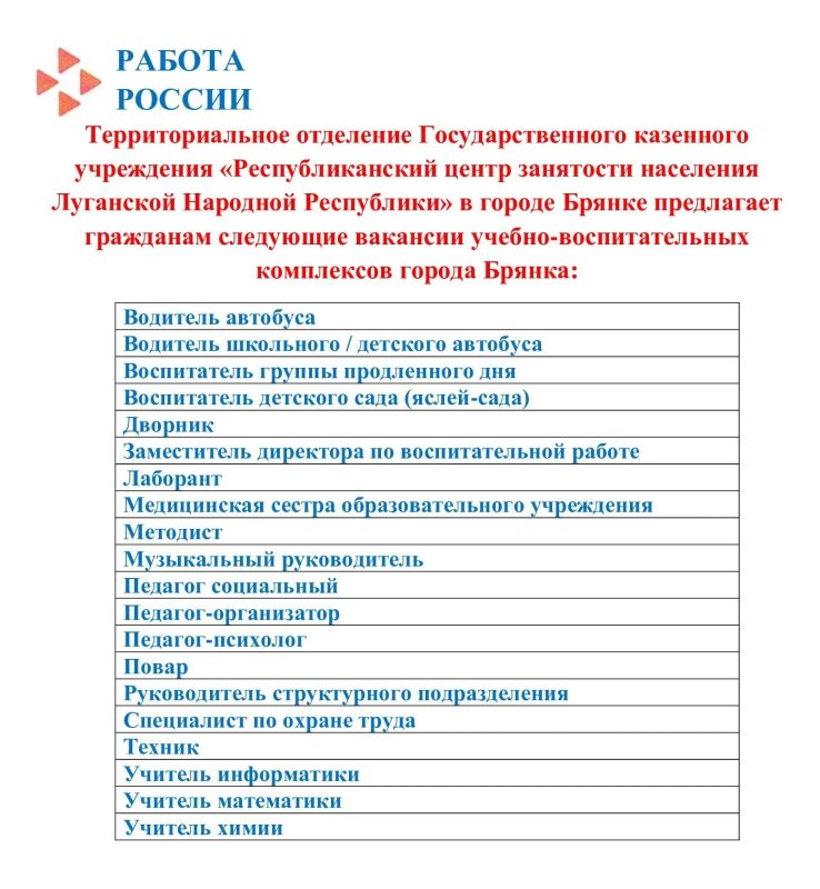 «Республиканский центр занятости населения Луганской Народной Республики» в городе Брянке предлагает гражданам актуальные вакансии учебно-воспитательных комплексов города Брянка на сегодня «Республиканский центр занятости населения Луганской Народной Республики» в городе Брянке предлагает гражданам актуальные вакансии учебно-воспитательных комплексов города Брянка на сегодня