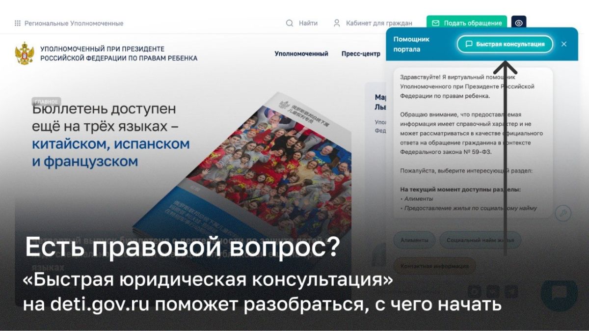 «Быстрая юридическая консультация» – в тестовом режиме запустили новый сервис на официальном сайте Уполномоченного при Президенте РФ по правам ребенка