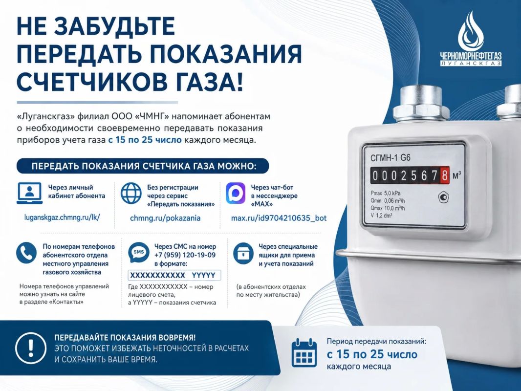 НЕ ЗАБУДЬТЕ ПЕРЕДАТЬ ПОКАЗАНИЯ СЧЕТЧИКОВ ГАЗА!