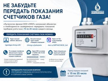 НЕ ЗАБУДЬТЕ ПЕРЕДАТЬ ПОКАЗАНИЯ СЧЕТЧИКОВ ГАЗА!