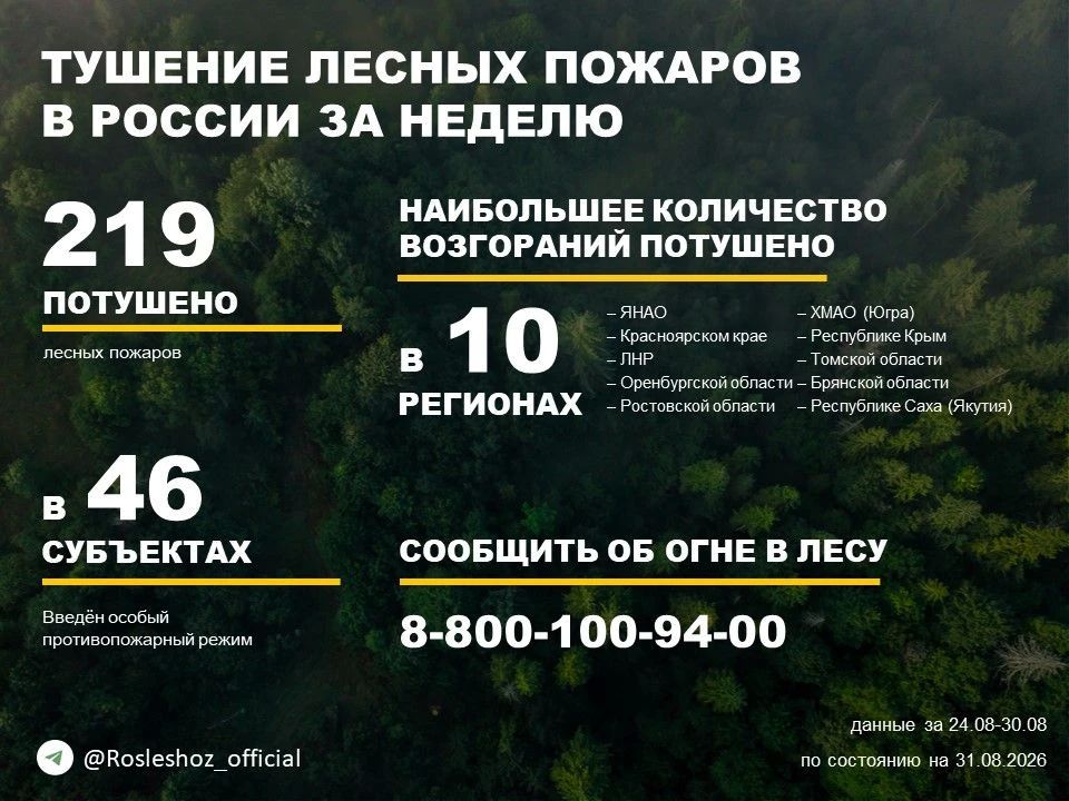 По данным Авиалесоохраны, подведомственной организации Рослесхоза, за прошедшую неделю потушено 219 лесных пожаров в 24 регионах России