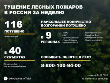 По данным Авиалесоохраны, подведомственной организации Рослесхоза, за прошедшую неделю потушено 116 лесных пожаров в 23 регионах России