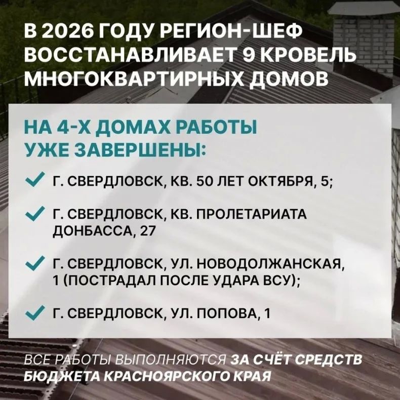 Красноярский край продолжает восстанавливать кровли многоэтажек в Свердловске Красноярский край продолжает восстанавливать кровли многоэтажек в Свердловске