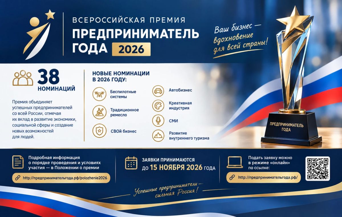 Подайте заявку до 15 ноября на Всероссийскую премию «Предприниматель года — 2026»! Подайте заявку до 15 ноября на Всероссийскую премию «Предприниматель года — 2026»!