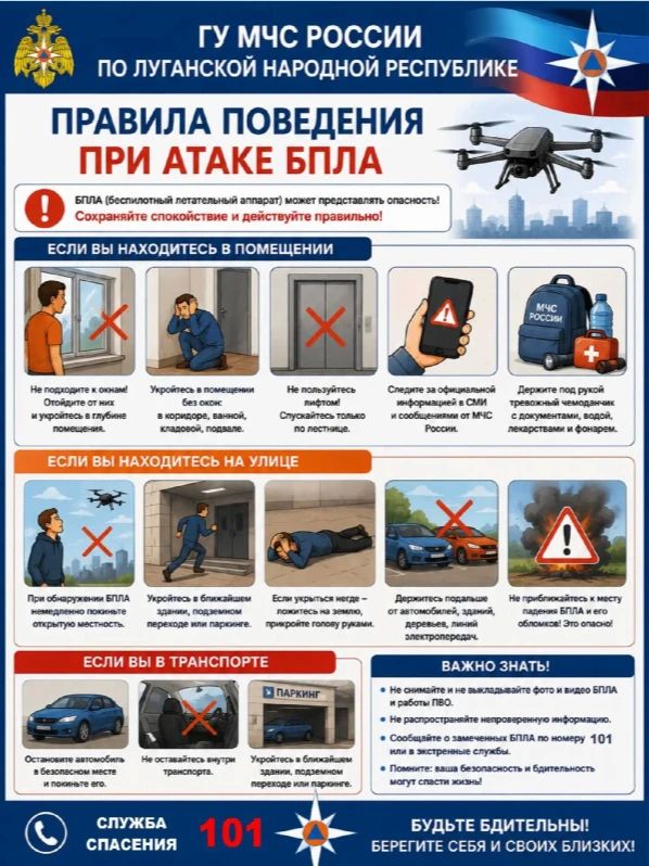 Министерство региональной безопасности ЛНР совместно с Главным управлением МЧС России по ЛНР напоминают о правилах поведения при атаке беспилотных летательных аппаратов Министерство региональной безопасности ЛНР совместно с Главным управлением МЧС России по ЛНР напоминают о правилах поведения при атаке беспилотных летательных аппаратов