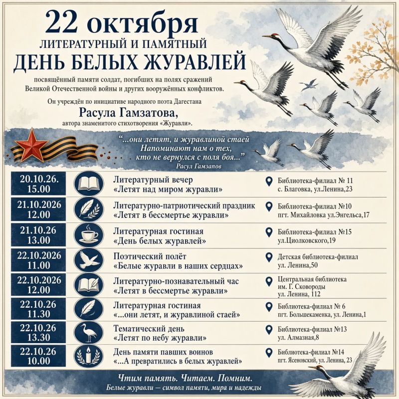 Афиша библиотечных мероприятий, посвященных Дню белых журавлей (22 октября)